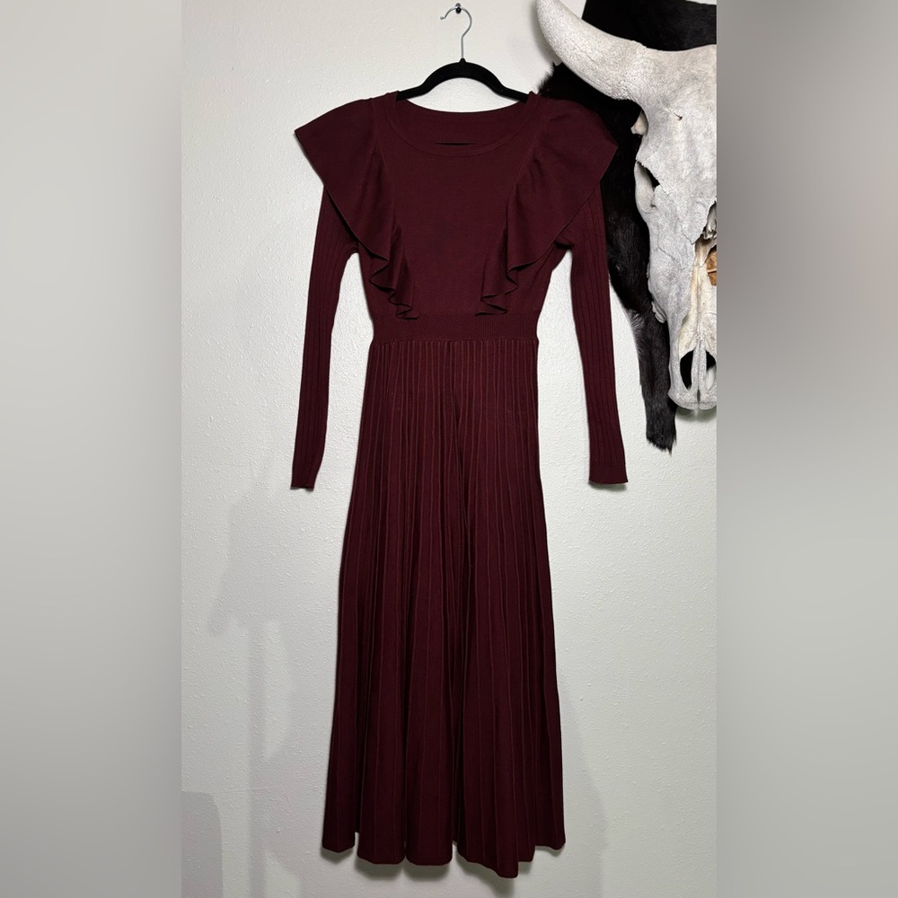 SHEIN Maroon Long Sleeve Ruffled Hem Sweater Dress